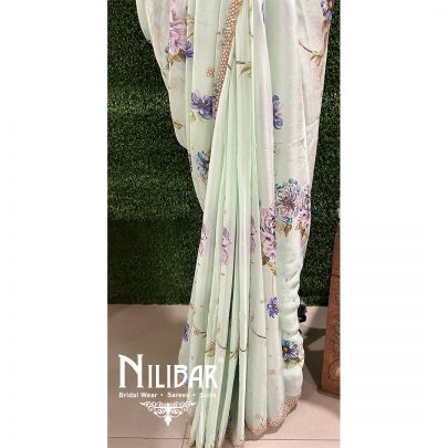 Light Mint Chiffon Printed Saree