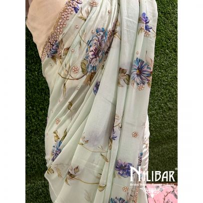 Light Mint Chiffon Printed Saree