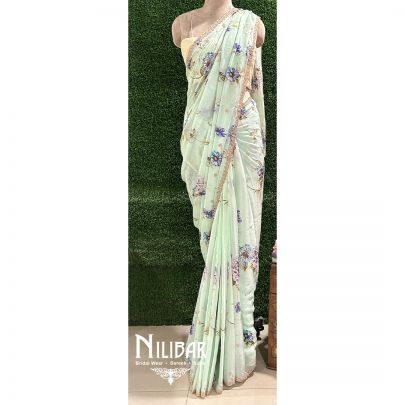 Light Mint Chiffon Printed Saree