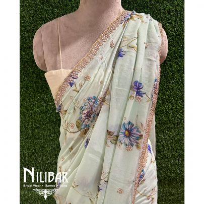 Light Mint Chiffon Printed Saree