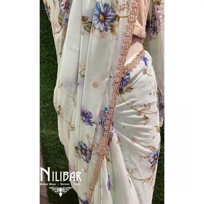 Light Mint Chiffon Printed Saree