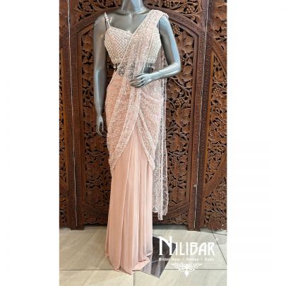 Light Peach Lycra Net Drape Saree