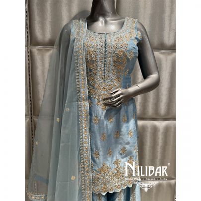 Ice Blue Silk Embroidered Palazzo Suit