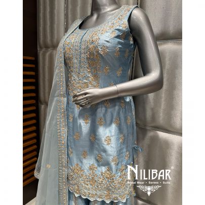Ice Blue Silk Embroidered Palazzo Suit