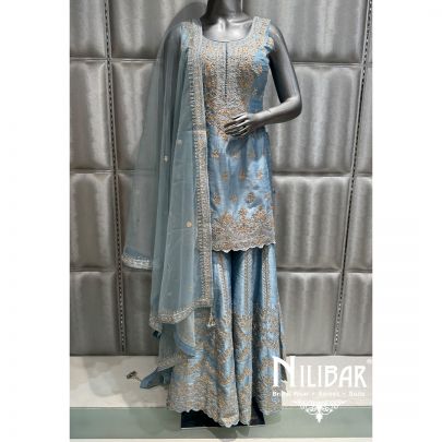 Ice Blue Silk Embroidered Palazzo Suit