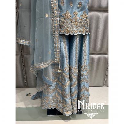 Ice Blue Silk Embroidered Palazzo Suit