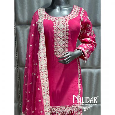 Pink Organza Embroidered Palazzo Suit