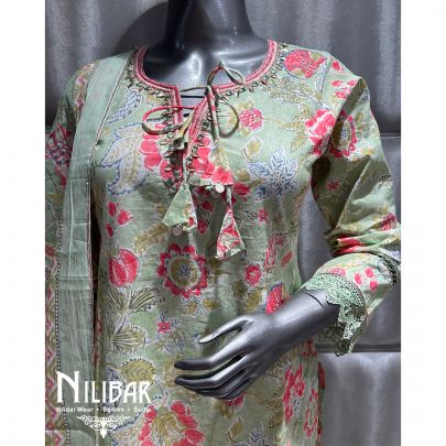 Light Green Printed Cotton Summer Pant Suit