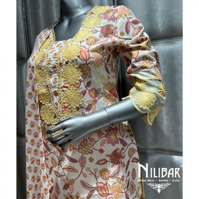 Cream And Yellow Printed Cotton Summer Pant Suit