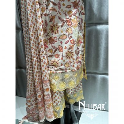 Cream And Yellow Printed Cotton Summer Pant Suit