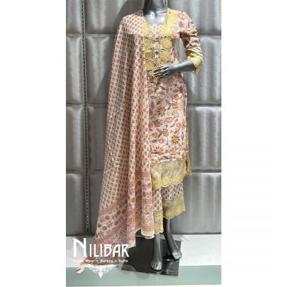 Cream And Yellow Printed Cotton Summer Pant Suit