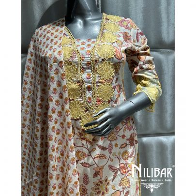 Cream And Yellow Printed Cotton Summer Pant Suit