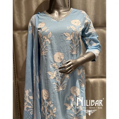 Sky Blue Printed Cotton Summer Pant Suit