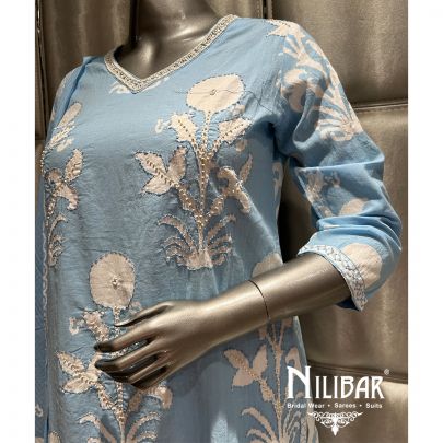 Sky Blue Printed Cotton Summer Pant Suit