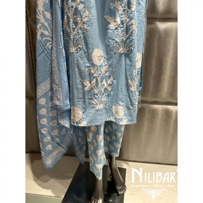 Sky Blue Printed Cotton Summer Pant Suit