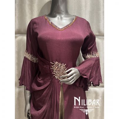 Wine Beige Crepe Sequin Embroidered Drape Dress