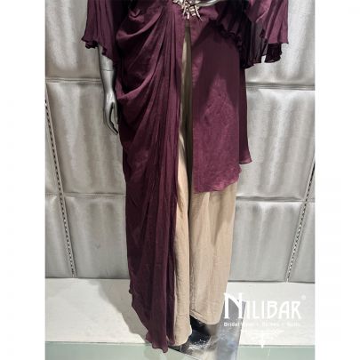 Wine Beige Crepe Sequin Embroidered Drape Dress