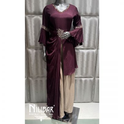 Wine Beige Crepe Sequin Embroidered Drape Dress