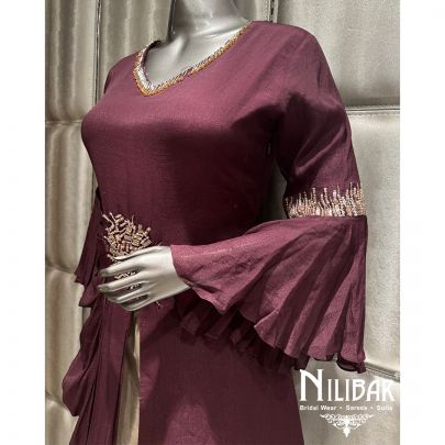 Wine Beige Crepe Sequin Embroidered Drape Dress