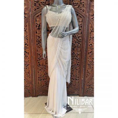 White Lycra/Net Embroidered Drape Saree