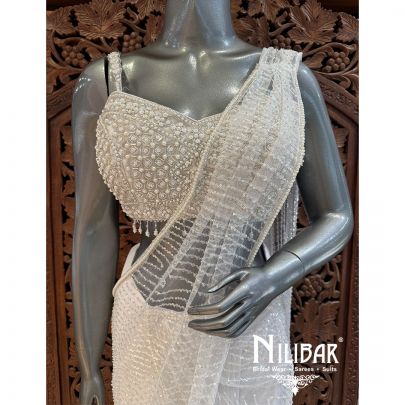 White Lycra/Net Embroidered Drape Saree