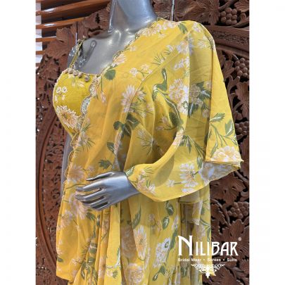 Yellow Georgette Embroidered Drape Saree