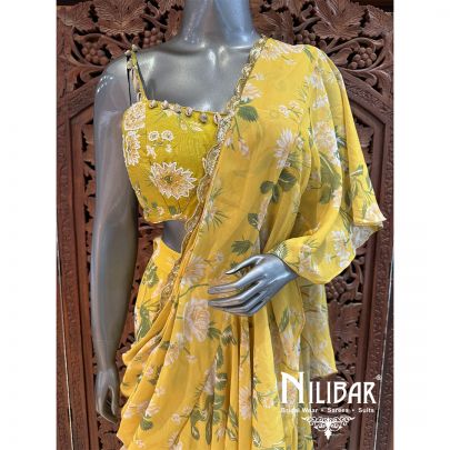 Yellow Georgette Embroidered Drape Saree