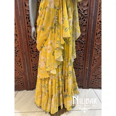 Yellow Georgette Embroidered Drape Saree