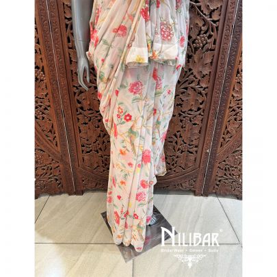 Cream Georgette Embroidered Drape Saree