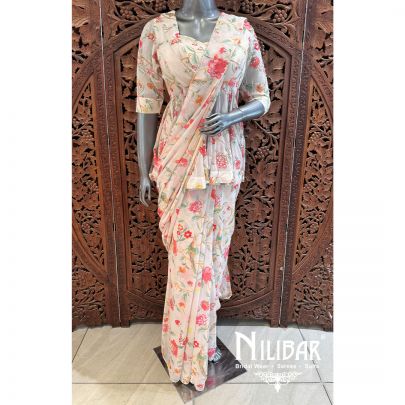 Cream Georgette Embroidered Drape Saree