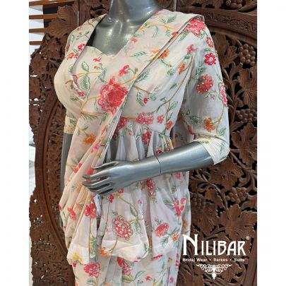 Cream Georgette Embroidered Drape Saree