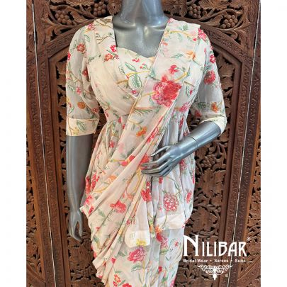 Cream Georgette Embroidered Drape Saree