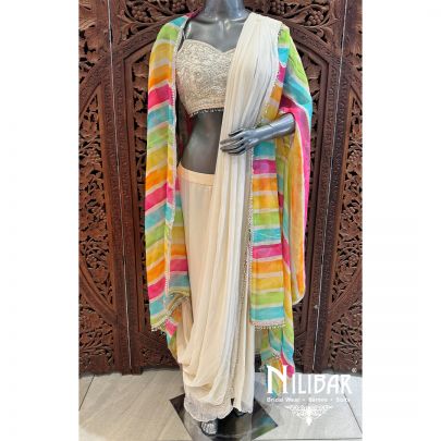 Cream Georgette Organza Embroidered Drape Saree