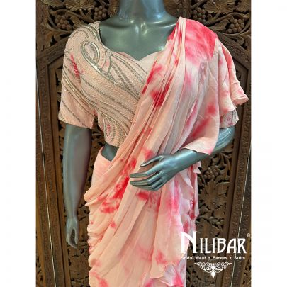 Pink Crepe Embroidered Drape Saree