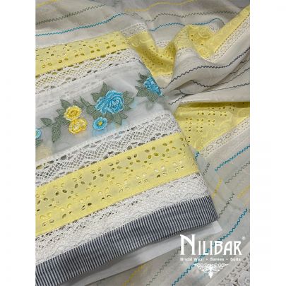 Yellow & White Cotton Unstitched Suit