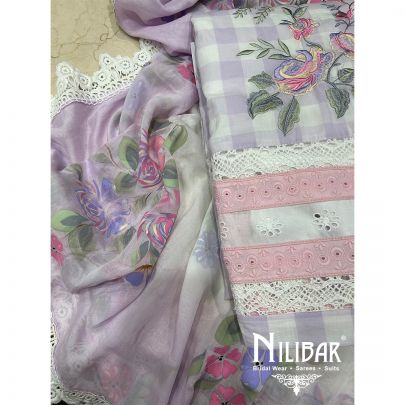 Lilac & White Cotton Unstitched Suit