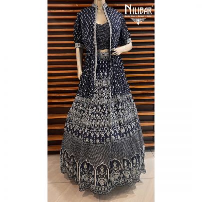 Navy Blue Chinon Lehenga