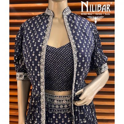 Navy Blue Chinon Lehenga