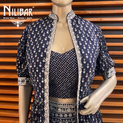 Navy Blue Chinon Lehenga