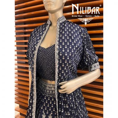 Navy Blue Chinon Lehenga