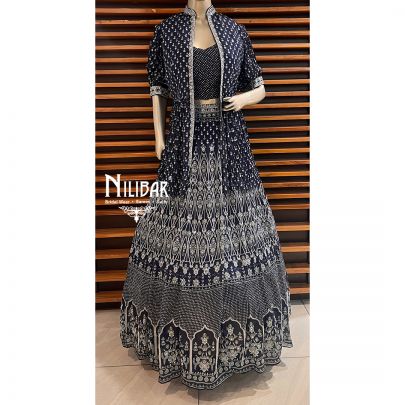 Navy Blue Chinon Lehenga