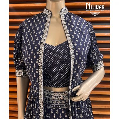 Navy Blue Chinon Lehenga