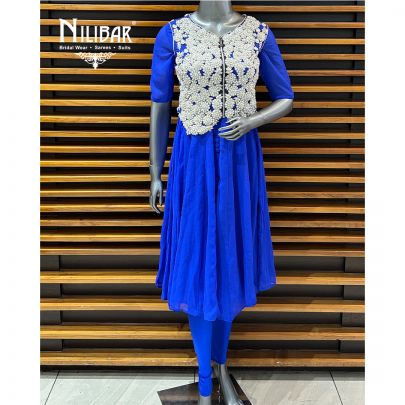 Navy Blue Georgette Short Anarkali With Pyjami and Embroidered Vest