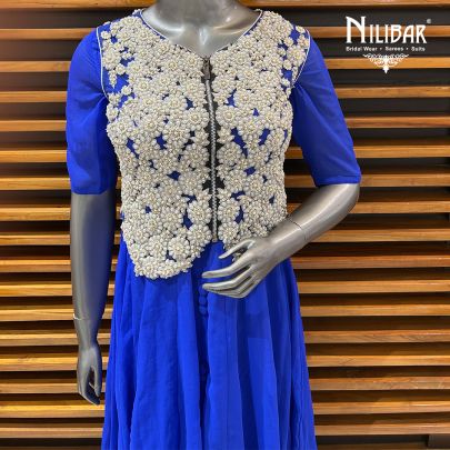 Navy Blue Georgette Short Anarkali With Pyjami and Embroidered Vest