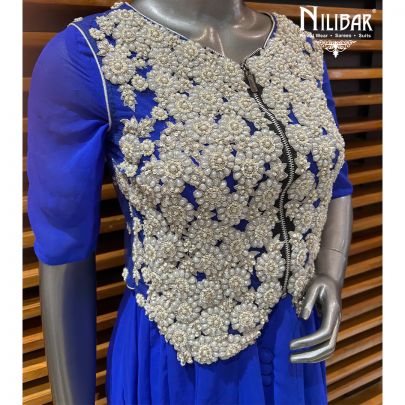 Navy Blue Georgette Short Anarkali With Pyjami and Embroidered Vest