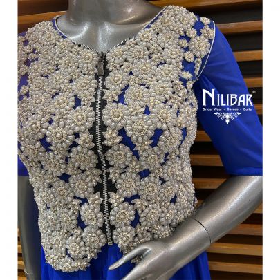 Navy Blue Georgette Short Anarkali With Pyjami and Embroidered Vest