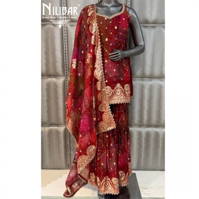 Red Organza Shirt Paired With Sharara & Dupatta