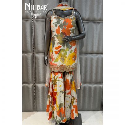 Orange & Ivory Chinnon Shirt Paired With Sharara & Dupatta