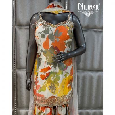 Orange & Ivory Chinnon Shirt Paired With Sharara & Dupatta