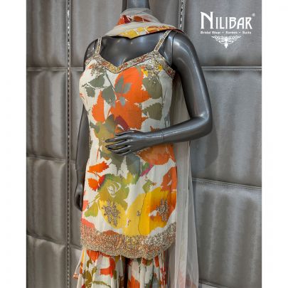 Orange & Ivory Chinnon Shirt Paired With Sharara & Dupatta